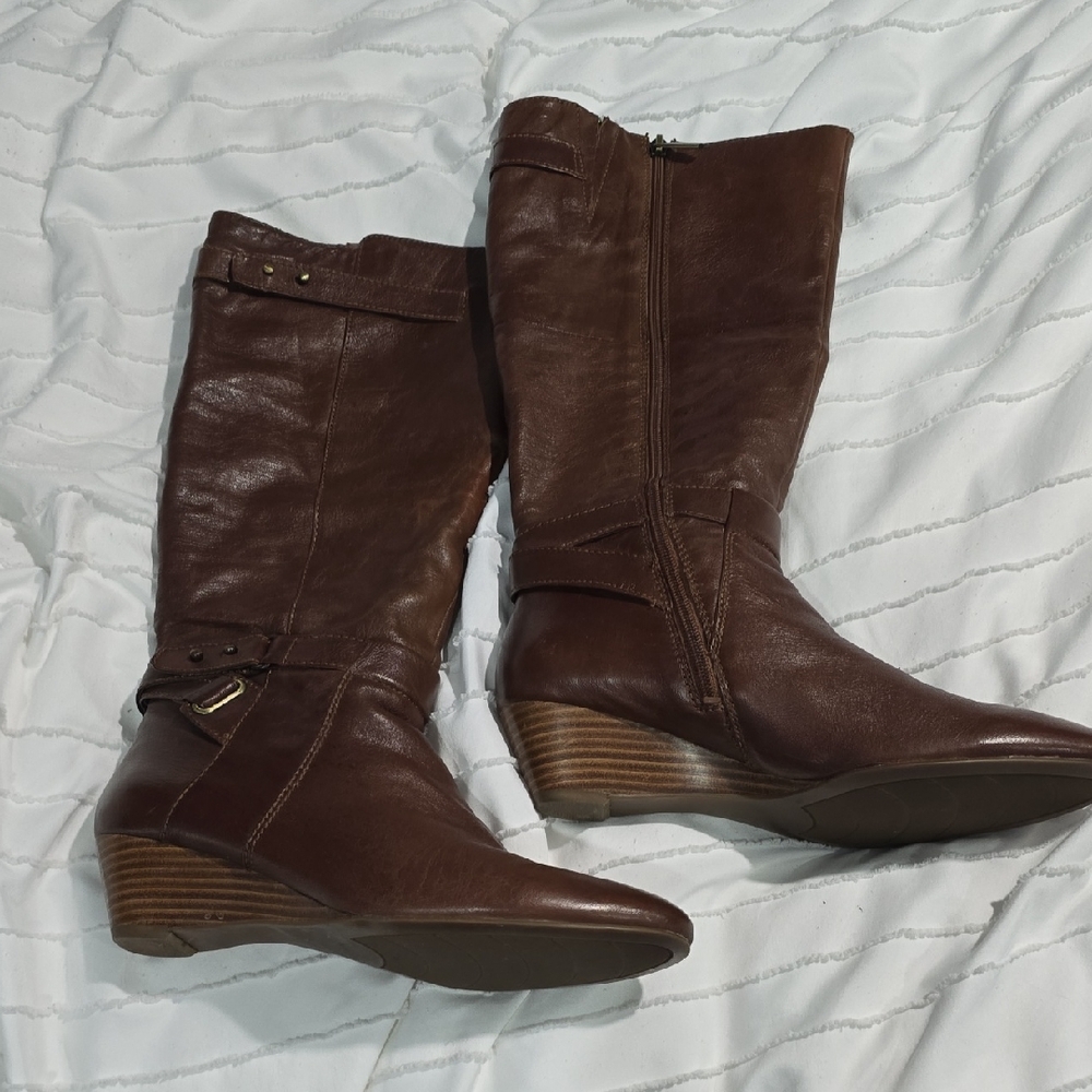 Bandolino Brown Leather Wedge Riding Boots Women's, Size 8 1/2M